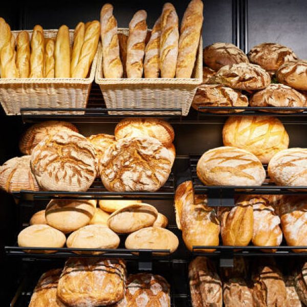 Fresh bread on shelves in a bakery